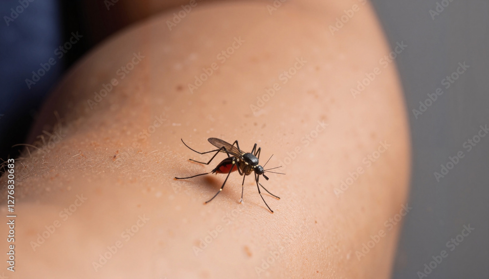 Obraz premium World Malaria Day. Realism close-up of mosquito landing on skin in indoor setting, awareness
