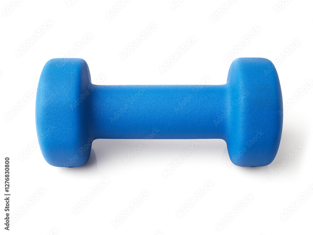 A blue dumbbell is placed on a flat surface, emphasizing a focus on fitness and preparation for exercise in a bright indoor space A blue dumbbell is placed on a flat surface, emphasizing a focus on fitness and preparation for exercise in a bright indoor space