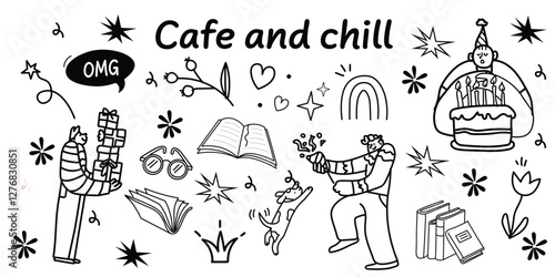 A cozy line art collection of people chilling, dancing, reading, sipping wine, and surrounded by flowers, stars, and dreamy small design elements. Perfect for self-care, relaxation, and lifestyle them