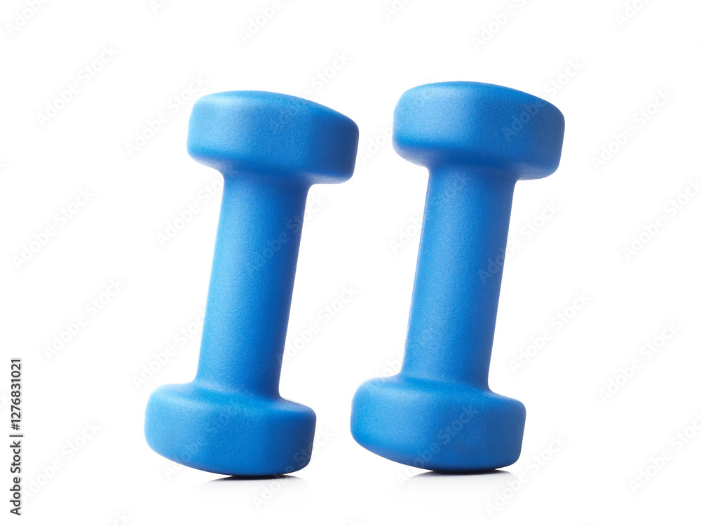 Two vibrant blue dumbbells are set on a spotless white surface, perfect for enhancing home fitness routines Two vibrant blue dumbbells are set on a spotless white surface, perfect for enhancing home fitness routines