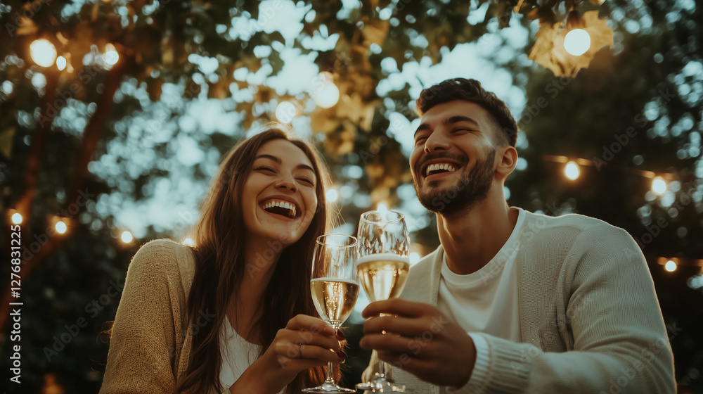 Romantic European Couple Toasting with Sparkling Wine Romantic European Couple Toasting with Sparkling Wine