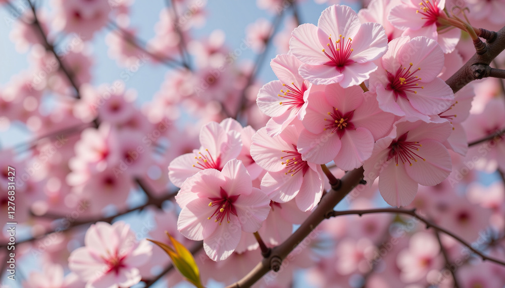 Ethereal cherry blossoms blooming against a bright blue sky, beauty of nature Ethereal cherry blossoms blooming against a bright blue sky, beauty of nature