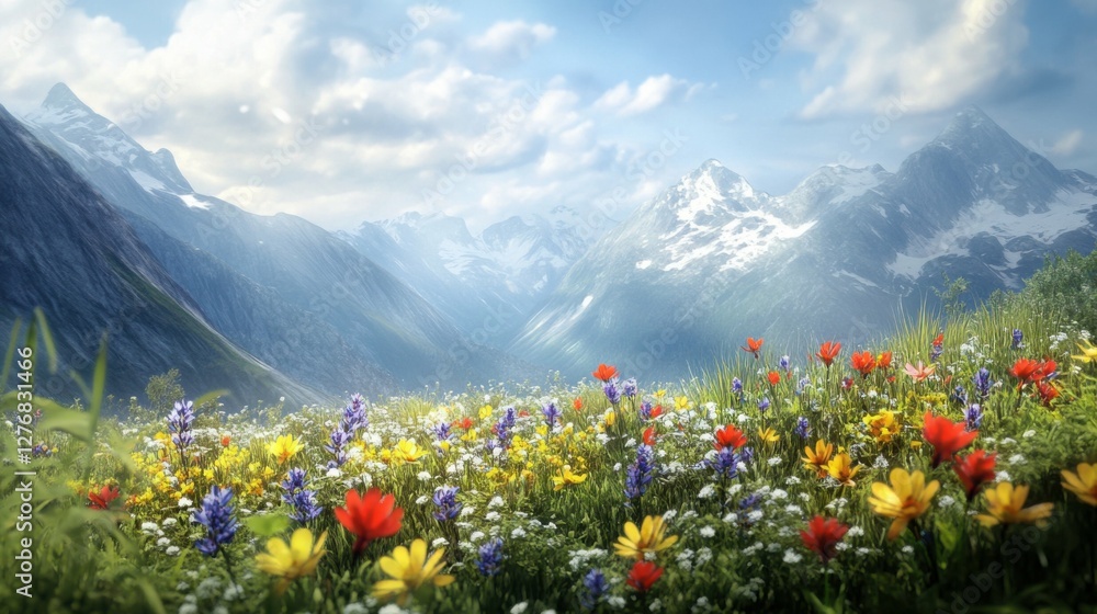 Fototapeta premium dreamy mountain landscape with vibrant wildflowers in the foreground, focus on natural serenity and depth