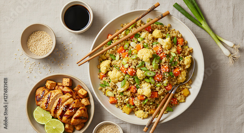 A visually appealing flat lay composition of easy cauliflower fried rice.