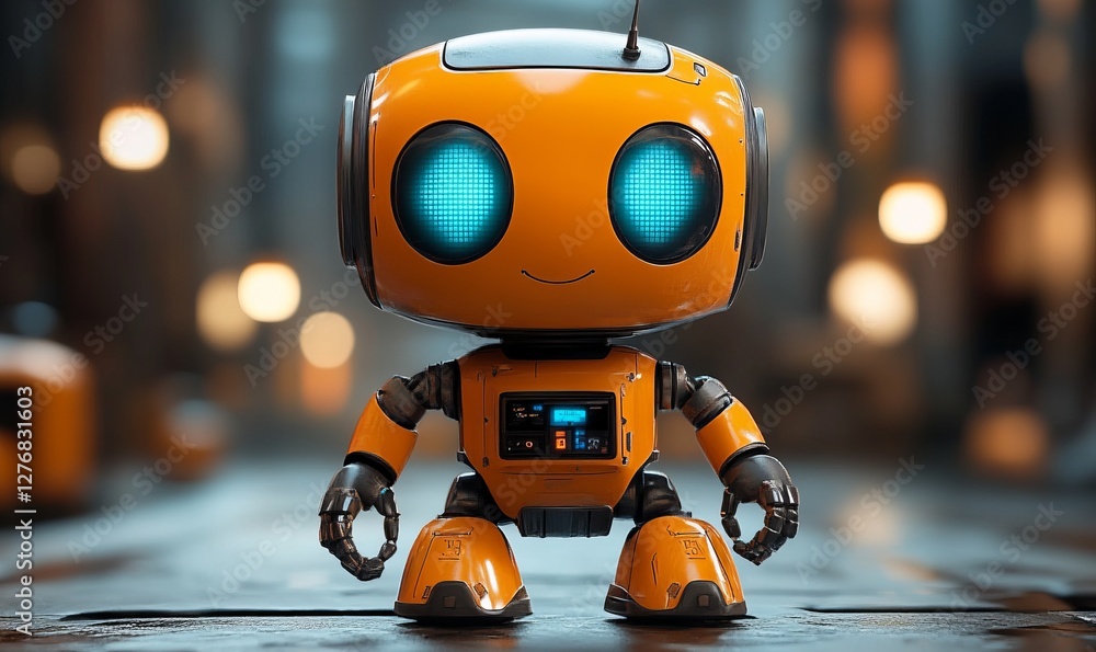Miniature robot stands in a futuristic industrial setting Miniature robot stands in a futuristic industrial setting