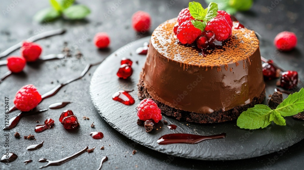 Decadent Chocolate Dessert Garnished with Fresh Raspberries and Mint Decadent Chocolate Dessert Garnished with Fresh Raspberries and Mint