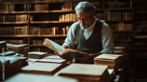 Archivist scanning rare documents into a digital archive, the contrast between old and new technologies creating a dynamic scene