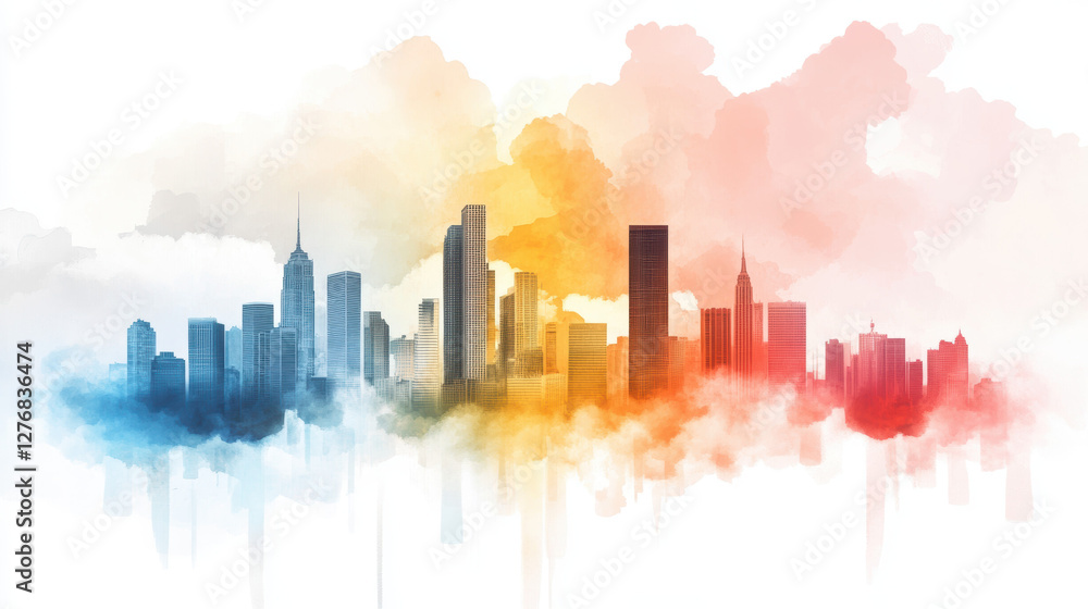 Obraz premium Abstract urban skyline with muted and vibrant interplay of colors, blending watercolor effects with modern architecture, creating dreamy and artistic cityscape