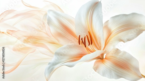 Delicate lily flower in white and peach hues, petals softly curved, sunlight filtering through, highlighting ethereal beauty and purity.