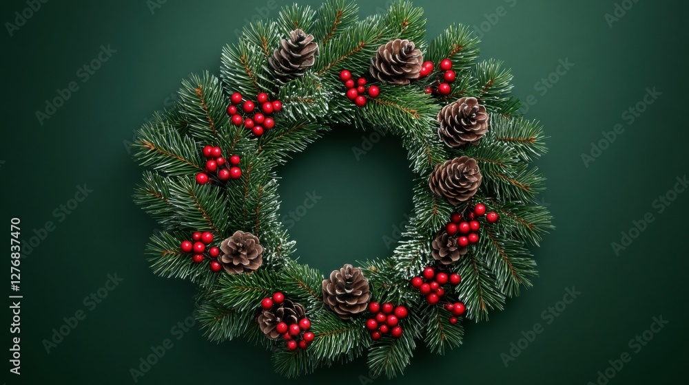 Christmas wreath with pinecones and red berries on a dark green background, festive and cozy, detailed and vibrant, holiday atmosphere, cheerful and warm Christmas wreath with pinecones and red berries on a dark green background, festive and cozy, detailed and vibrant, holiday atmosphere, cheerful and warm