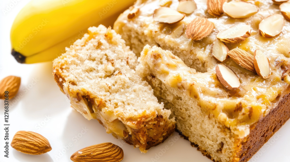 moist almond cake topped with crushed and whole almonds, served on white plate with ripe banana in background. cake has golden brown crust and soft, fluffy interior moist almond cake topped with crushed and whole almonds, served on white plate with ripe banana in background. cake has golden brown crust and soft, fluffy interior