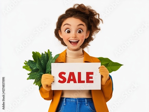 cartoon woman holding SALE sign excitement photo