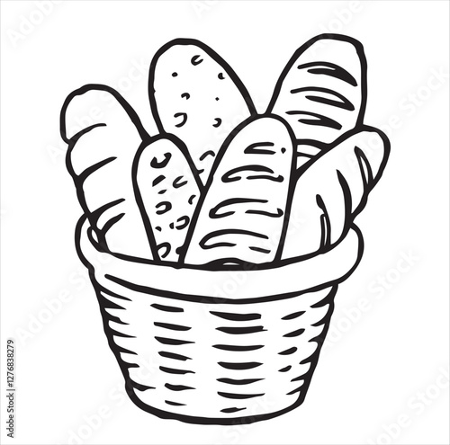 basket with bread and pastries. Vector illustration in doodle