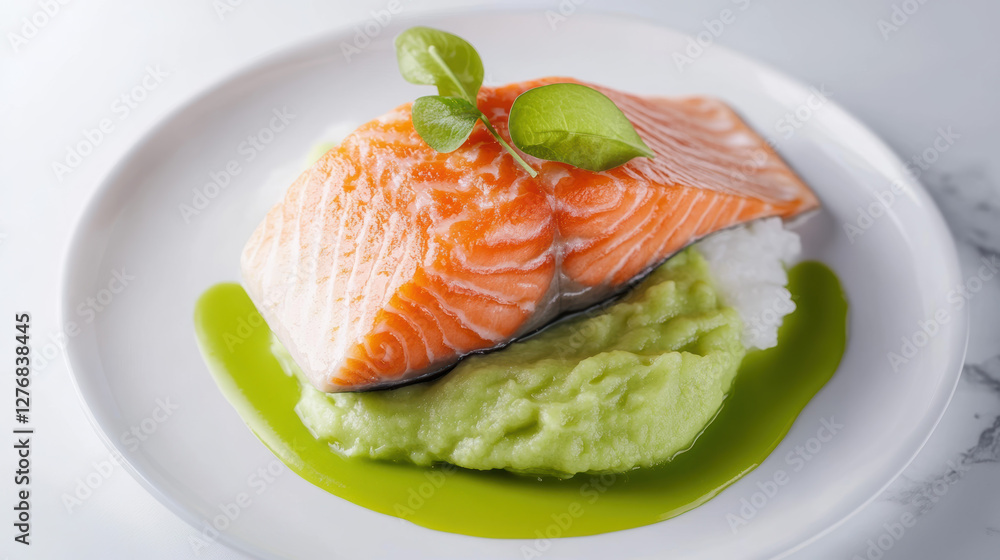 Freshly seared salmon fillet served on bed of creamy avocado puree with side of white rice, garnished with fresh basil leaves and drizzled with vibrant green sauce on white plate Freshly seared salmon fillet served on bed of creamy avocado puree with side of white rice, garnished with fresh basil leaves and drizzled with vibrant green sauce on white plate