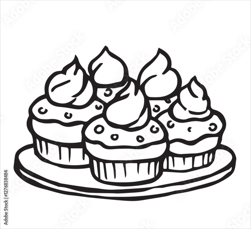 homemade cupcakes with whipped cream. vector illustration in doodle style