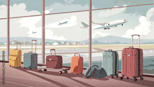 Serene Airport Scene with Colorful Luggage and Airplanes in the Background
