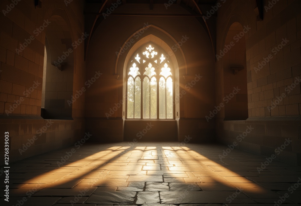 Fototapeta premium Sunlight streaming through a gothic arched window in an empty medieval stone hall casting long shadows on the tiled floor creating a serene and historic atmosphere