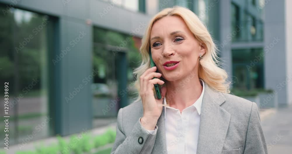 Portrait of confident and smiling adult caucasian woman in formal clothes walking on street talking on mobile phone Portrait of confident and smiling adult caucasian woman in formal clothes walking on street talking on mobile phone