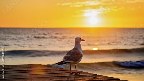 Serene seagull witnessing vibrant sunset over tranquil ocean waves at golden hour