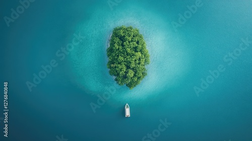 aerial view of tropical island surrounded by clear shallow waters with boats anchored nearby