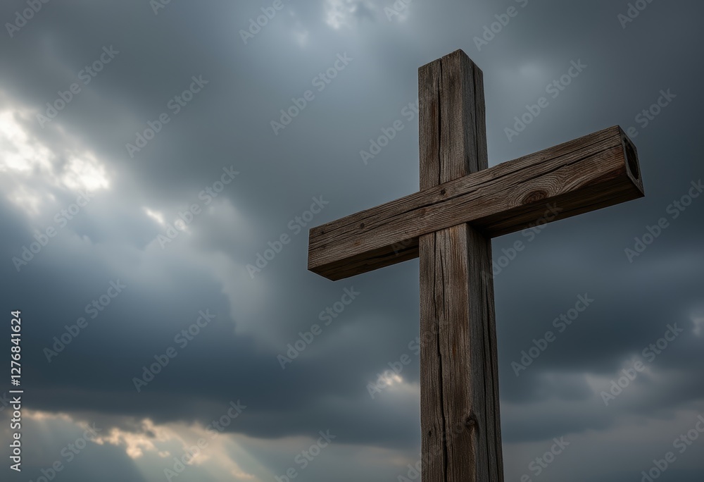 Weathered Wooden Cross Against a Dramatic Cloudy Sky with Light Breaking Through Creating a Striking Contrast