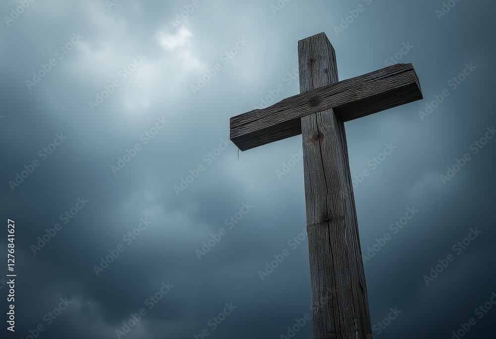Weathered Wooden Cross Against a Dramatic Cloudy Sky with Light Breaking Through Creating a Striking Contrast Weathered Wooden Cross Against a Dramatic Cloudy Sky with Light Breaking Through Creating a Striking Contrast
