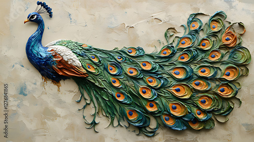 Detailed Artistic Representation of a Vibrant Peacock on Textured Background