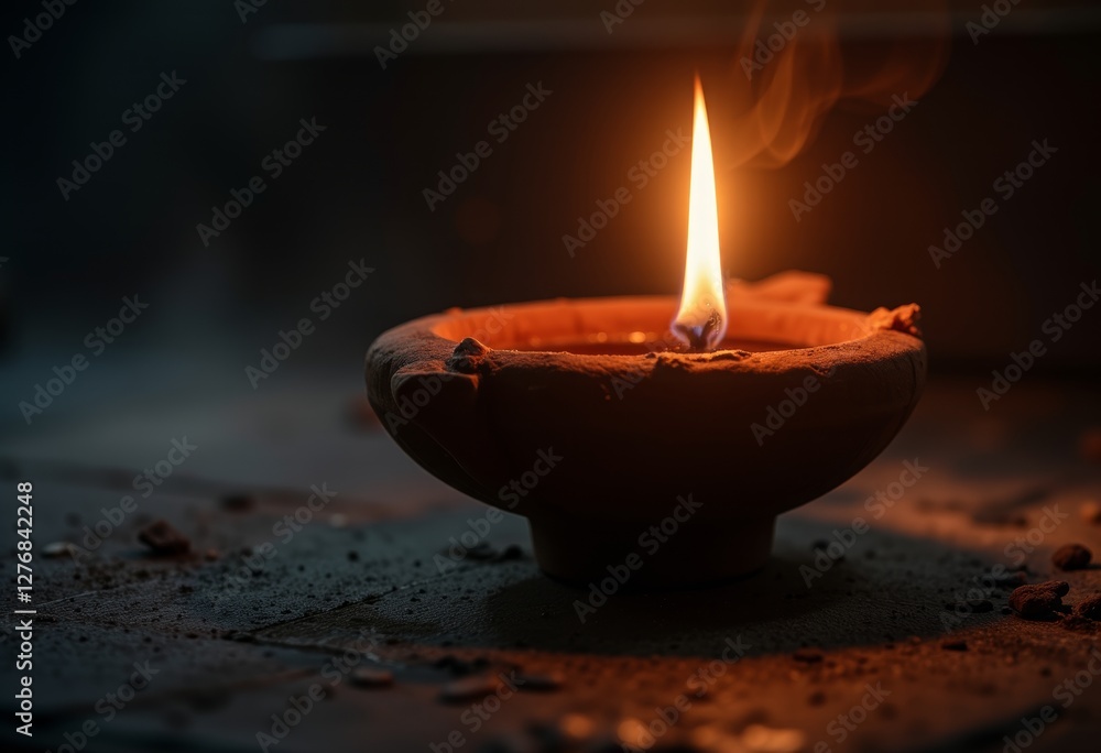 Lit Clay Oil Lamp with Visible Flame on a Dark Background Lit Clay Oil Lamp with Visible Flame on a Dark Background