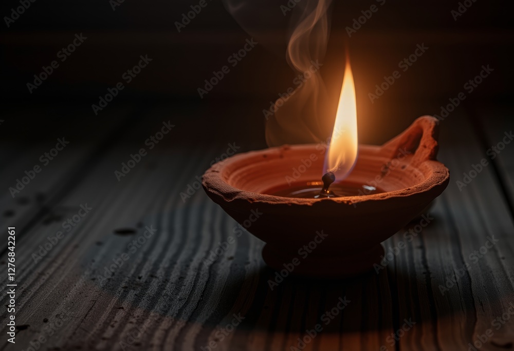 Lit Clay Oil Lamp with Visible Flame on a Dark Background Lit Clay Oil Lamp with Visible Flame on a Dark Background