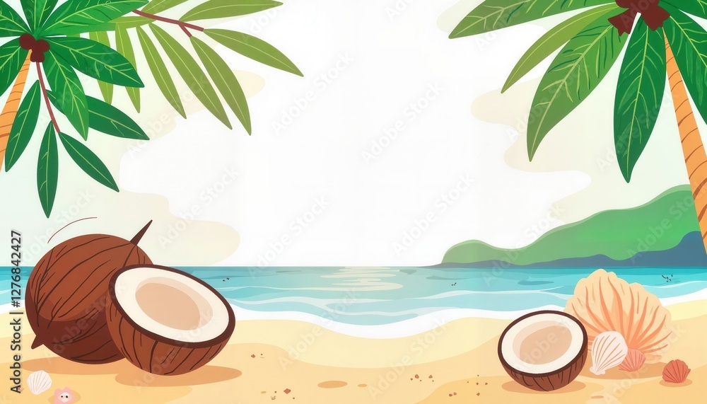 Obraz premium Coconuts and seashells on sandy beach, tropical wedding invitation