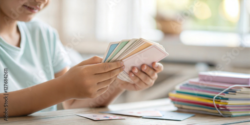 Teenager using flashcards for exam revision, focused on learning and memorization