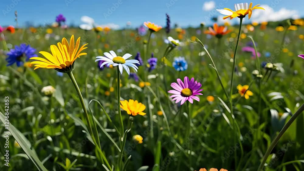 Beautiful Wildflower Meadow in Full Bloom with Colorful Blossoms Under a Clear Blue Sky on a Sunny Day
Beautiful Wildflower Meadow in Full Bloom with Colorful Blossoms Under a Clear Blue Sky on a Sunny Day