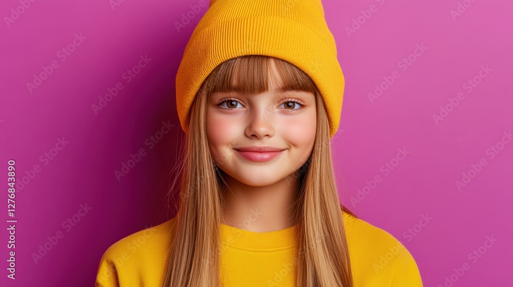 Smiling young girl showing healthy looking directly at the camera with straight bangs. Isolated on a magenta background. Smiling young girl showing healthy looking directly at the camera with straight bangs. Isolated on a magenta background.