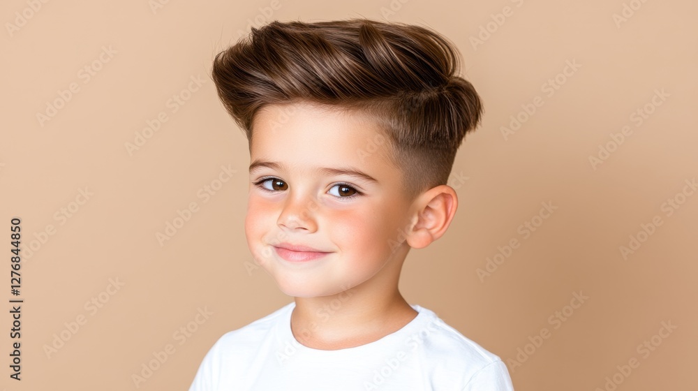 Smiling young boy showing healthy looking directly at the camera with a side part hairstyle. Isolated on a beige background. Smiling young boy showing healthy looking directly at the camera with a side part hairstyle. Isolated on a beige background.