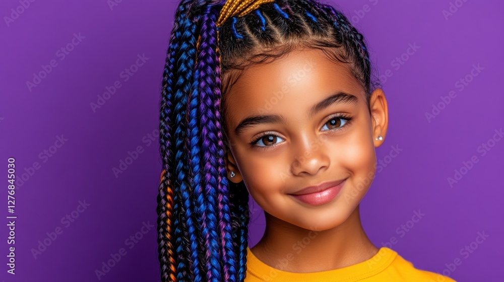 Smiling young girl showing healthy looking directly at the camera with braided hair. Isolated on a pastel purple background. Smiling young girl showing healthy looking directly at the camera with braided hair. Isolated on a pastel purple background.