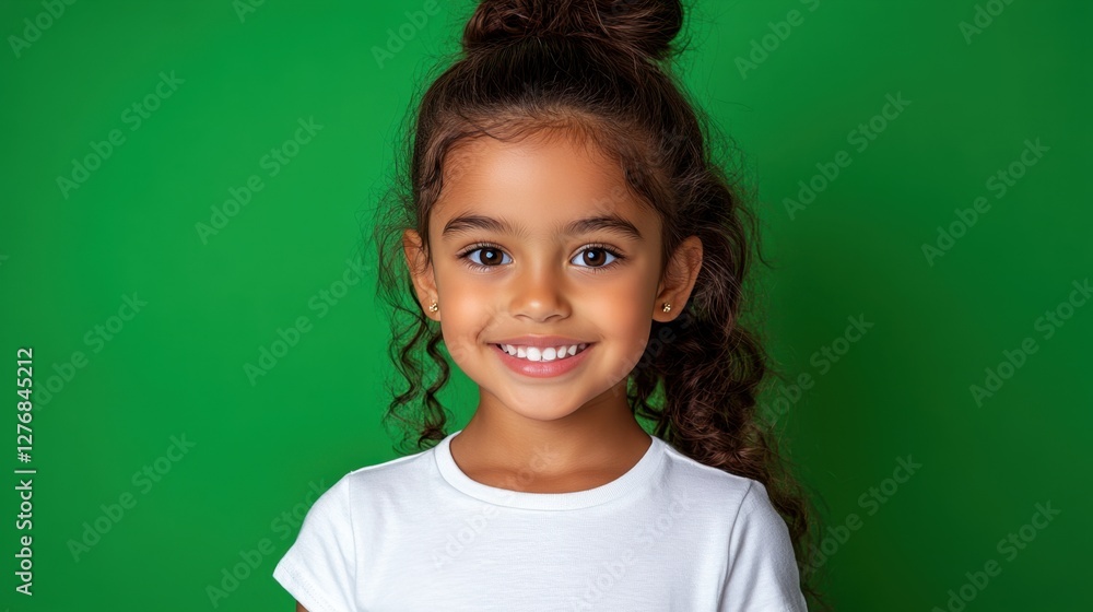 Smiling young girl showing healthy looking directly at the camera with a high ponytail. Isolated on a green background. Smiling young girl showing healthy looking directly at the camera with a high ponytail. Isolated on a green background.