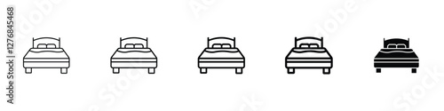 Set of 5 pixel perfect bed icon with 1 unexpanded, 1 silhouette, a simple and clean bed icon symbolizing rest and sleep.