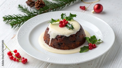 Wallpaper Mural Christmas Pudding with Custard Festive Food Photography, White Plate, Holly Berries, Close-up Christmas dessert, holiday recipe Torontodigital.ca