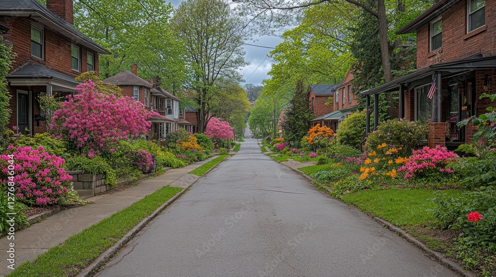 Fototapeta premium Spring blooms line a quiet residential street