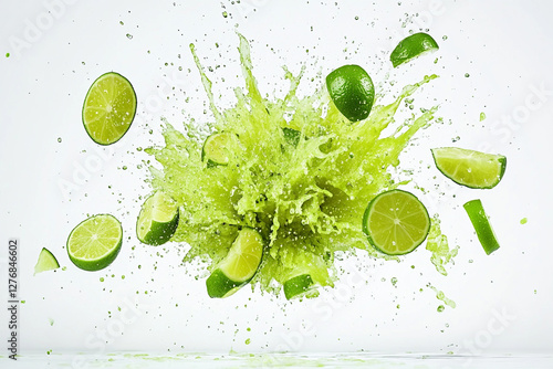 Exploding lime burst, vibrant water and water color palette, juice splashes and lime fragments flying outward photo