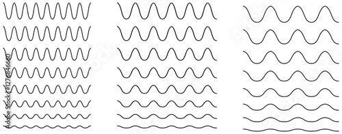 Collection of wavy or zigzag lines. Horizontal thin lines wave.Dotted line. Big set black color. Vector illustration.