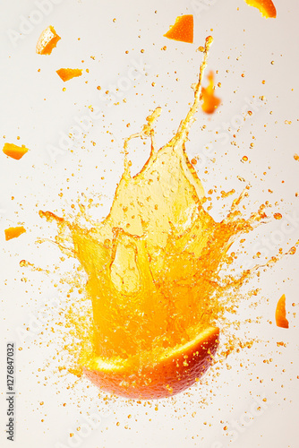 Exploding orange burst, vibrant orange and yellow color palette, juice splashes and orange fragments flying outward photo