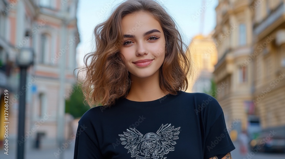 Fototapeta premium Young woman portrait with a tattoo on her chest standing on a city street in the evening.