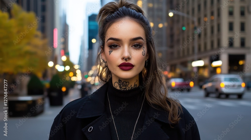 Fototapeta premium Young woman portrait with a tattoo on her jawline standing on a city street in the evening.
