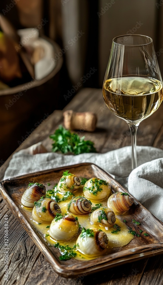 An elegant display of burgundy snails with garlic parsley butter and white wine on rustic table An elegant display of burgundy snails with garlic parsley butter and white wine on rustic table