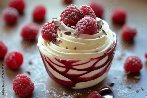 Delicious Chocolate Tart Topped With Fresh Raspberries and Whipped Cream on a...