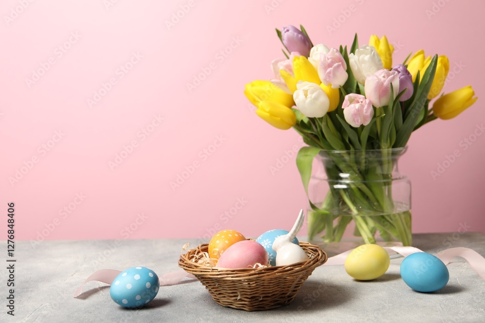 Easter eggs in wicker basket, bunny figure and beautiful tulips on grey table against pink background Easter eggs in wicker basket, bunny figure and beautiful tulips on grey table against pink background