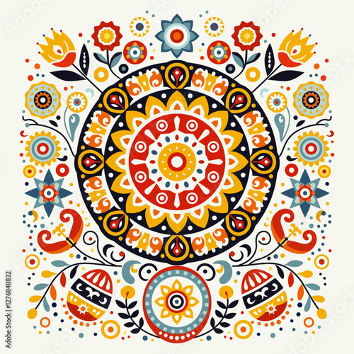 Scandinavian folk art with Easter Eggs, Sun and Flowers, symmetrical vector illustration. Symmetrical ornament with sun and eggs with different colorful folk ornaments on white background