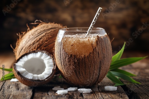 Coconuts Split Open on Wooden Table With Straw Ready for Refreshing Drink