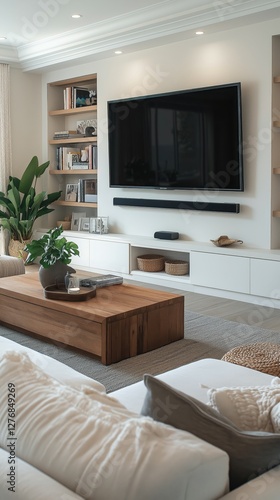 Modern Living Room With Comfortable Furniture and Wall-Mounted Television in ...